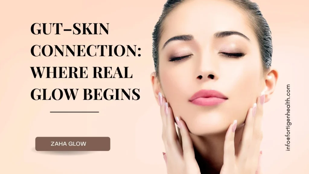 Gut–skin connection illustration showing how a healthy gut microbiome strengthens the skin barrier and improves natural glow.