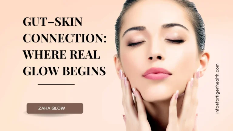 Gut–skin connection illustration showing how a healthy gut microbiome strengthens the skin barrier and improves natural glow.