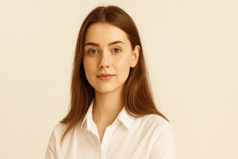 Young woman using FortiGen Health skincare products while reading the FortiGen Journal, symbolizing wellness and education.