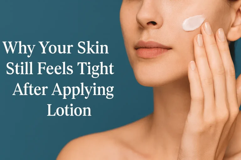 Woman applying moisturizer and feeling tight skin, representing FortiGen Health’s skincare guidance on hydration and barrier balance.